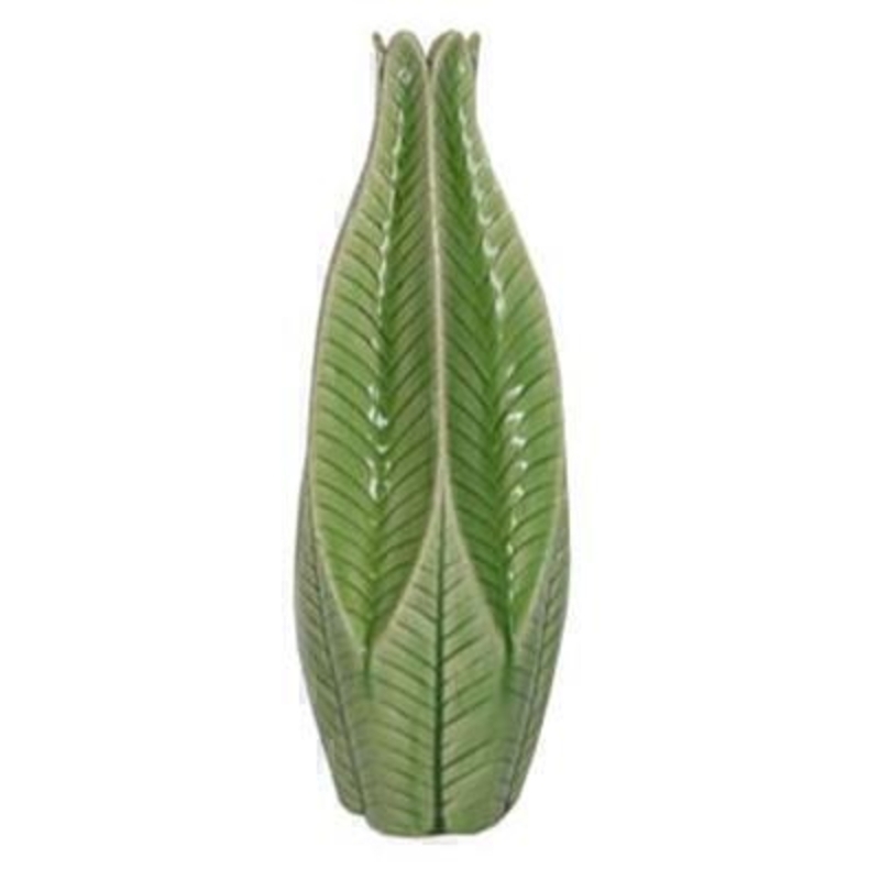 Large Green Leaf Ceramic Decorative Vase perfect for spring flowers by the designer Gisela Graham who designs unique Easter decorations. (LxWxD) 14x14x38.5cm